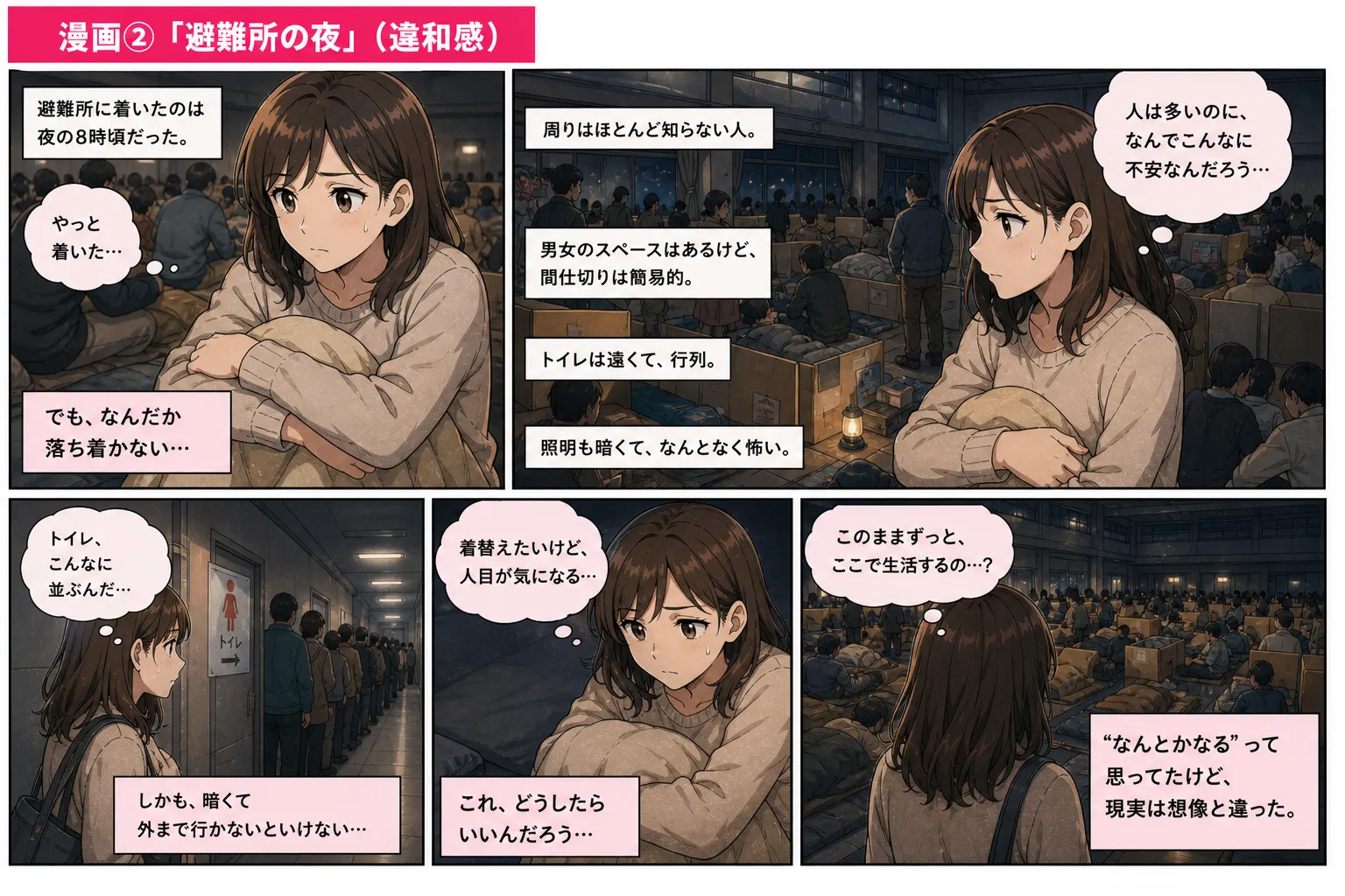 避難所の夜 不安を感じる女性の漫画