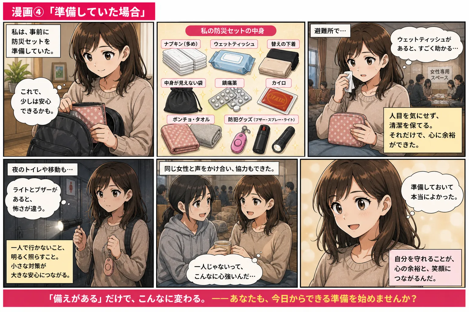 夜のトイレに不安を感じる女性の漫画