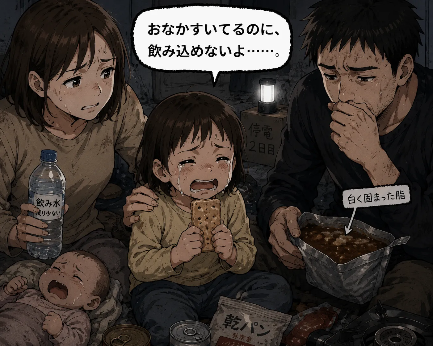 災害2日目、乾パンが喉を通らず泣き崩れる子供と、冷えた脂に絶望する家族