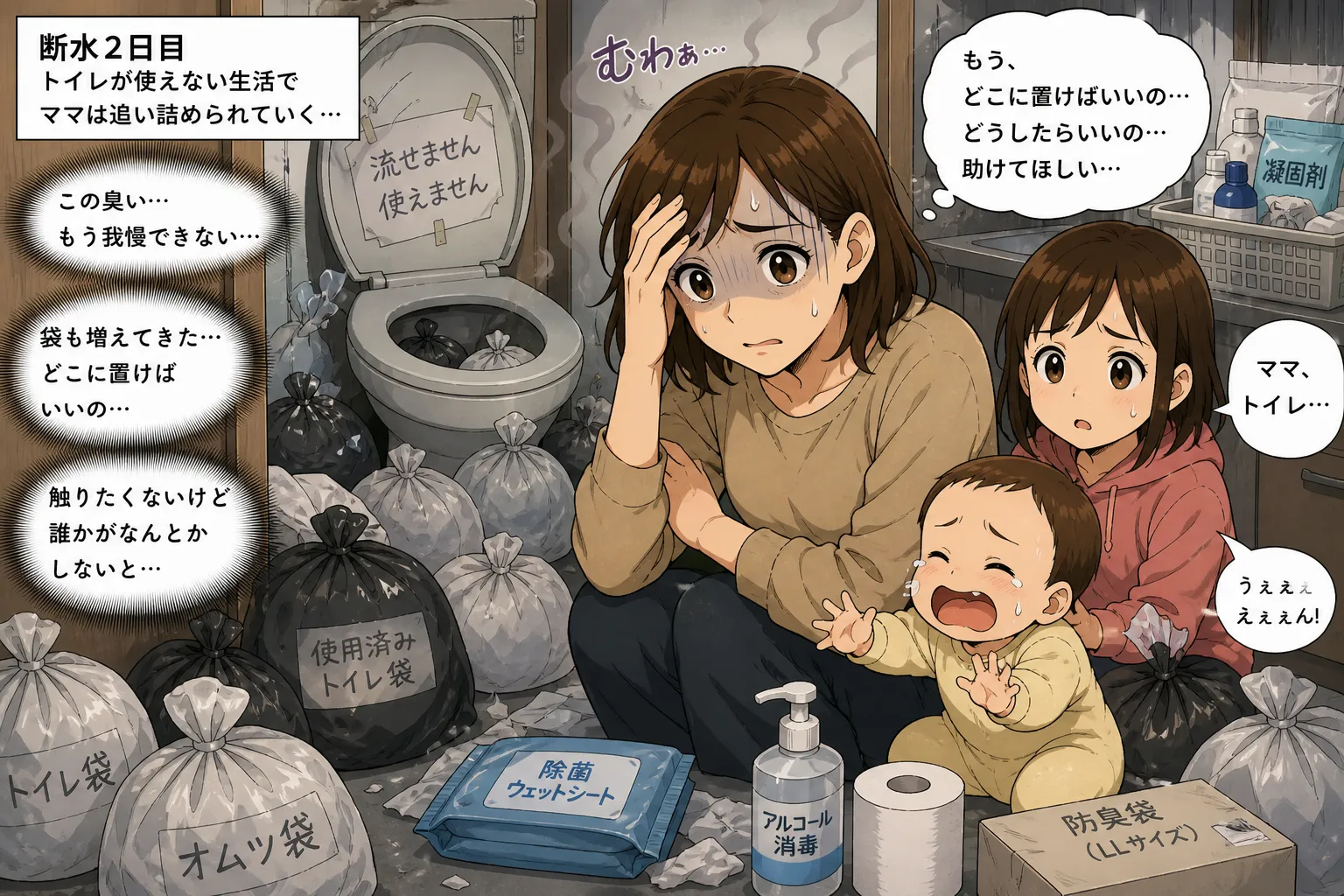 災害時にトイレが使えず、臭いや不衛生で家族が精神的に追い詰められる様子