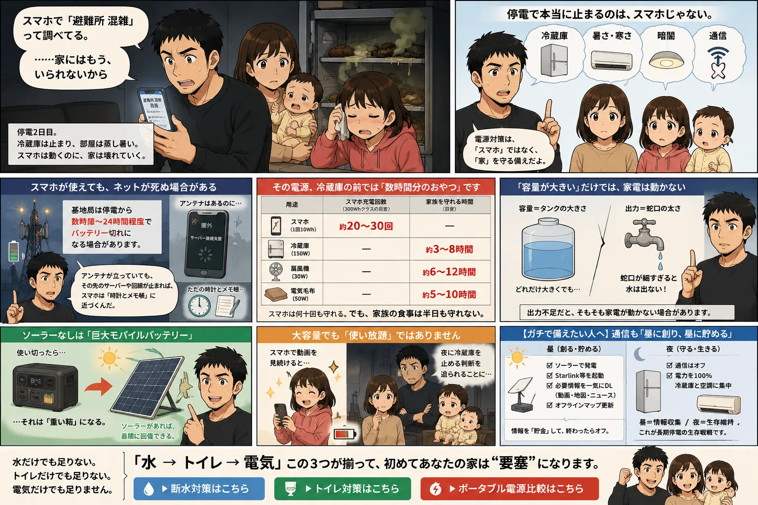 停電時に必要な電源対策と生活維持をまとめた図解